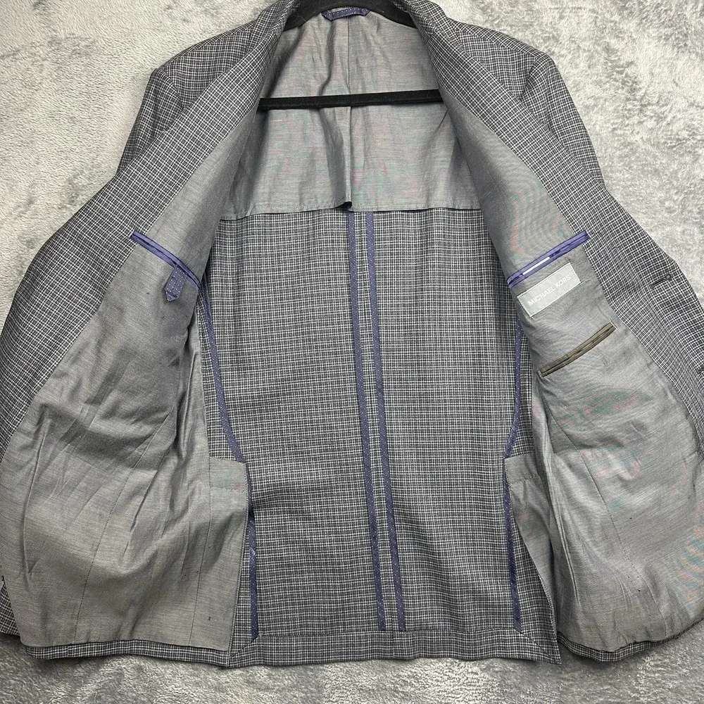 Michael Kors Blazer Jacket Men's 38R Gray Small Check Wool Blend Business Preppy